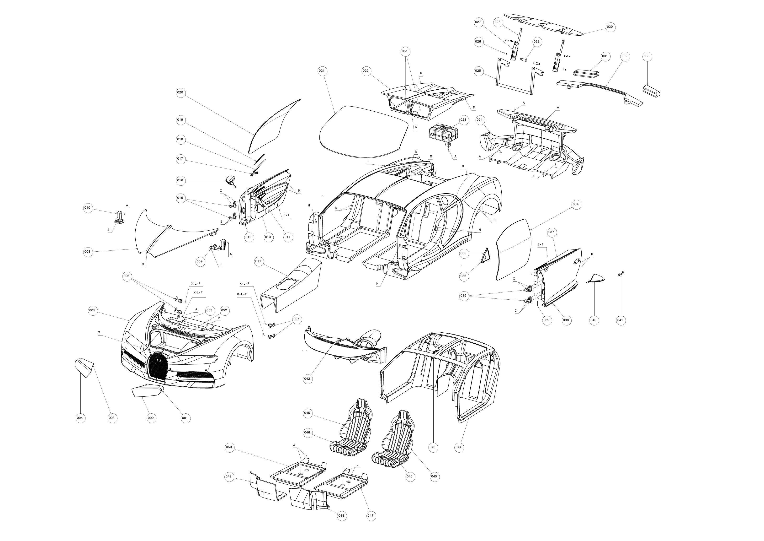 Vue éclatée des éléments de carrosserie d’un modèle automobile à imprimer en 3D