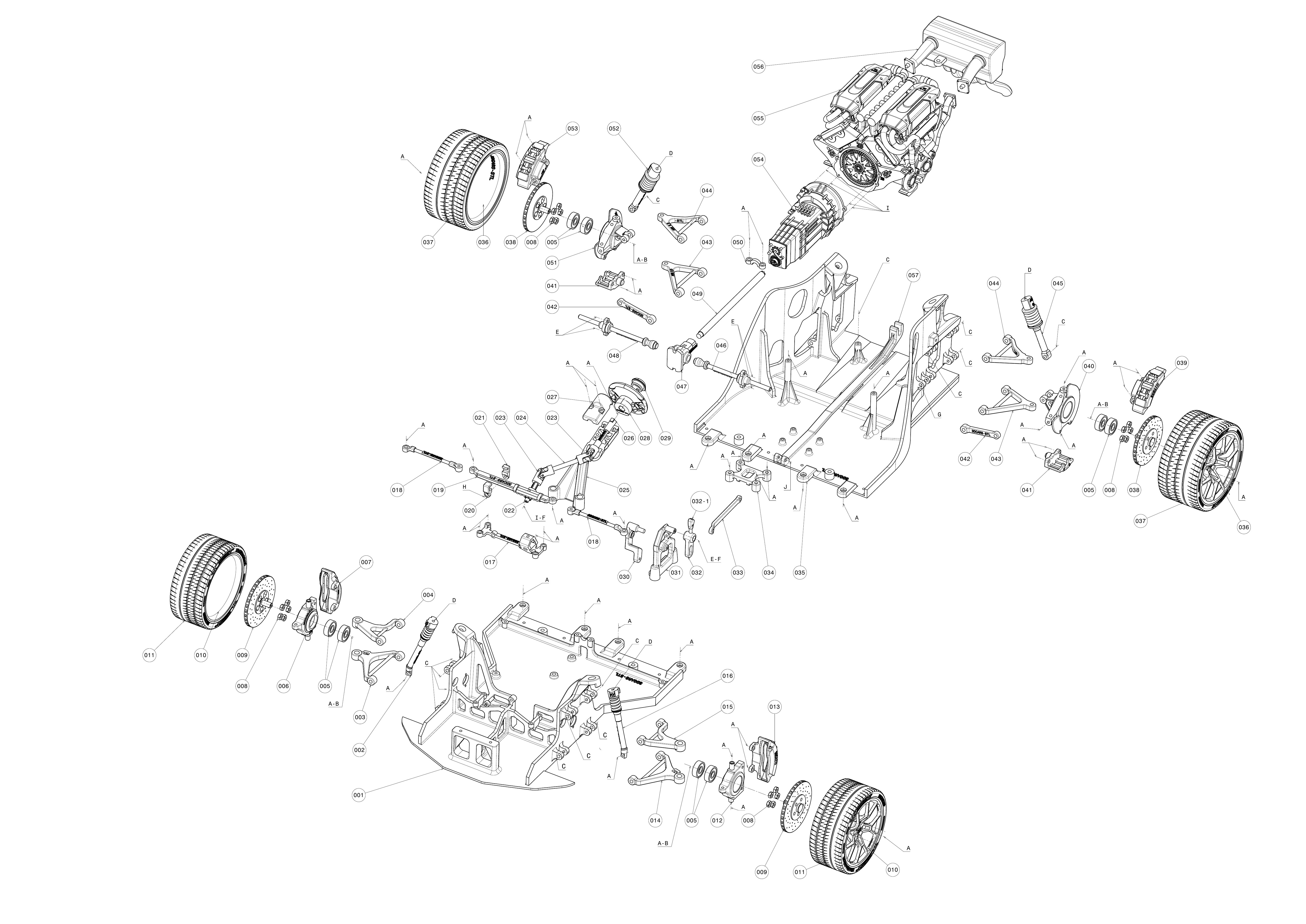 Vue éclatée interactive du châssis et des pièces mécaniques de la Bugatti Chiron à l’échelle 1/8